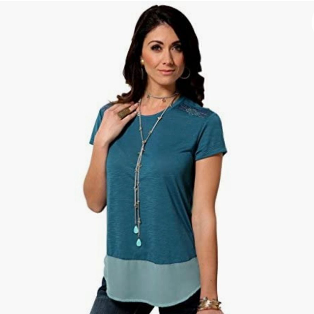 CRUEL GIRL blouse teal chiffon‎ sheer bottom embroidered shoulder tee shirt S
